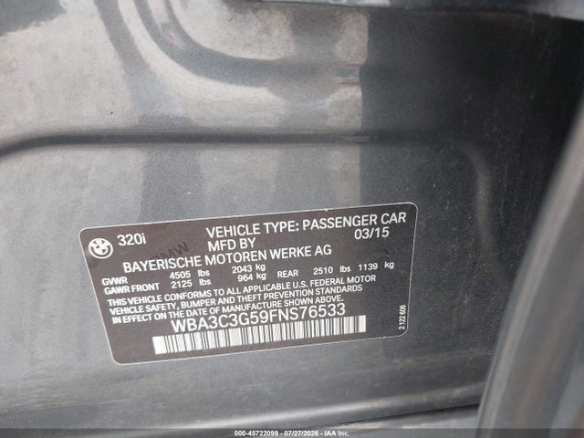 Продаж на аукціоні авто 2015 Bmw 320i Xdrive, vin: WBA3C3G59FNS76533, номер лоту: 45722099