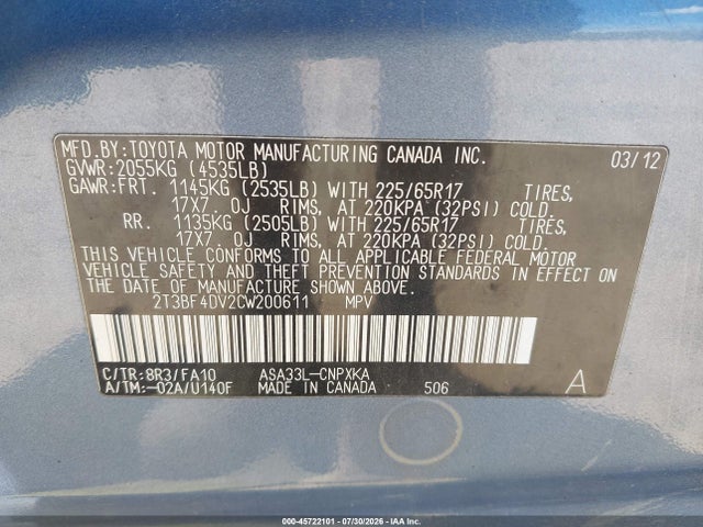2012 Toyota Rav4 მანქანა იყიდება აუქციონზე, vin: 2T3BF4DV2CW200611, აუქციონის ნომერი: 45722101