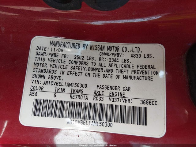 45722102 :رقم المزاد ، JN1CV6EL1AM150300 vin ، 2010 Infiniti G37x مزاد بيع