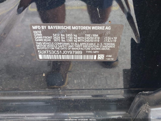 Aukcja sprzedaży 2018 Bmw X3 M40i, vin: 5UXTS3C51J0Y97989, numer aukcji: 45722113