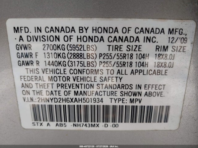 Aukcja sprzedaży 2010 Acura Mdx Technology Package, vin: 2HNYD2H6XAH501934, numer aukcji: 45722120