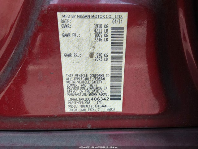 Продажа на аукционе авто 2014 Nissan Altima 2.5 Sv, vin: 1N4AL3AP1EC406342, номер лота: 45722126