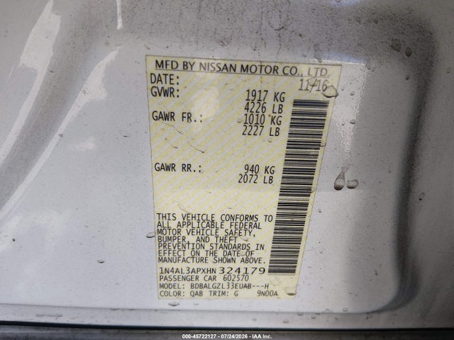 45722127 :رقم المزاد ، 1N4AL3APXHN324179 vin ، 2017 Nissan Altima 2.5 S مزاد بيع