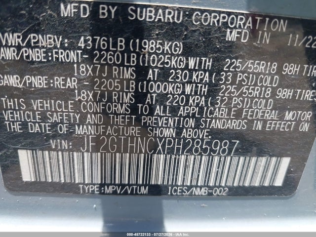Aukcja sprzedaży 2023 Subaru Crosstrek Limited, vin: JF2GTHNCXPH285987, numer aukcji: 45722133