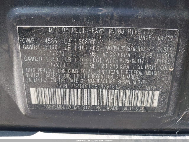 45722134 :رقم المزاد ، 4S4BRBLCXC3281612 vin ، 2012 Subaru Outback 2.5i Limited مزاد بيع