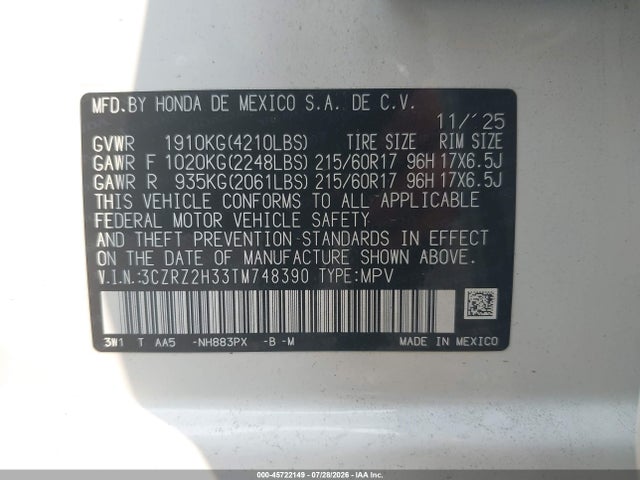 2026 Honda Hr-v Awd Lx მანქანა იყიდება აუქციონზე, vin: 3CZRZ2H33TM748390, აუქციონის ნომერი: 45722149