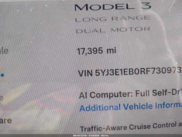 Продаж на аукціоні авто 2024 Tesla Model 3 Long Range Dual Motor All-wheel Drive, vin: 5YJ3E1EB0RF730973, номер лоту: 45722150
