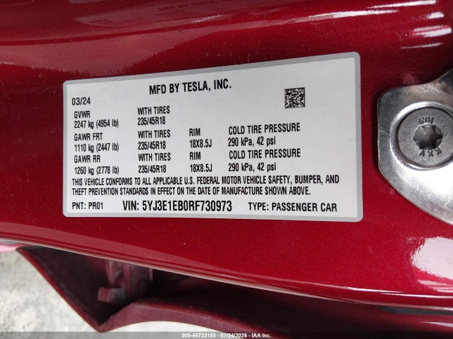 Продаж на аукціоні авто 2024 Tesla Model 3 Long Range Dual Motor All-wheel Drive, vin: 5YJ3E1EB0RF730973, номер лоту: 45722150