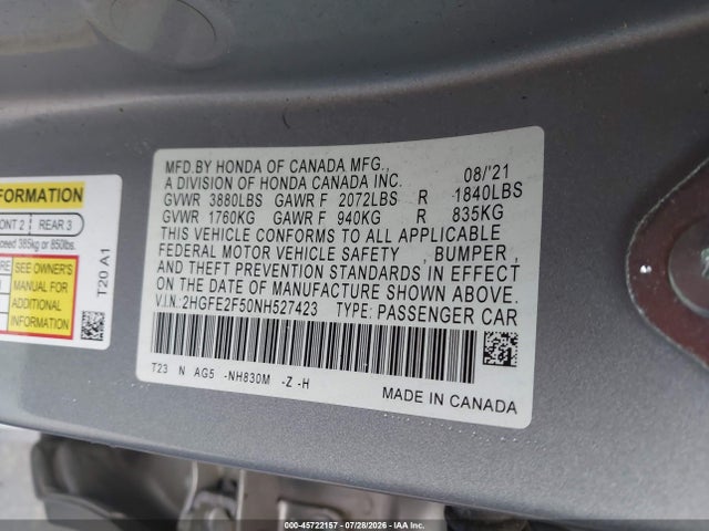 Aukcja sprzedaży 2022 Honda Civic Sport, vin: 2HGFE2F50NH527423, numer aukcji: 45722157
