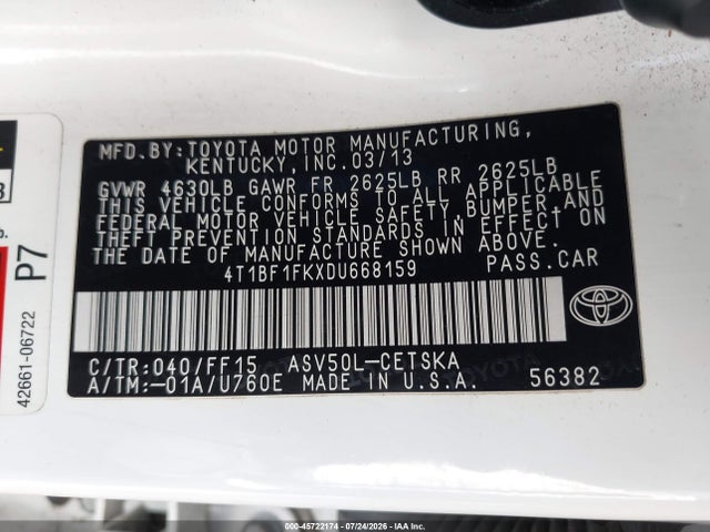 Aukcja sprzedaży 2013 Toyota Camry Se, vin: 4T1BF1FKXDU668159, numer aukcji: 45722174