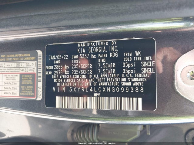 Продажа на аукционе авто 2022 Kia Sorento S, vin: 5XYRL4LCXNG099388, номер лота: 45722175