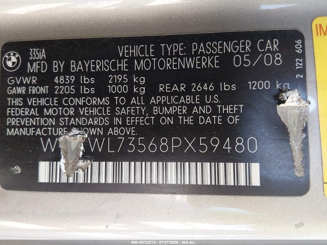 2008 Bmw 335i მანქანა იყიდება აუქციონზე, vin: WBAWL73568PX59480, აუქციონის ნომერი: 45722213