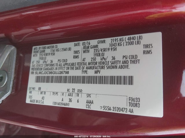 45722214 :رقم المزاد ، 5LMCJ3C96GUJ26798 vin ، 2016 Lincoln Mkc Reserve مزاد بيع
