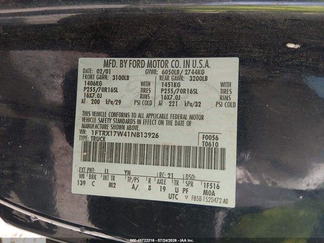 45722216 :رقم المزاد ، 1FTRX17W41NB13926 vin ، 2001 Ford F-150 Lariat/xl/xlt مزاد بيع