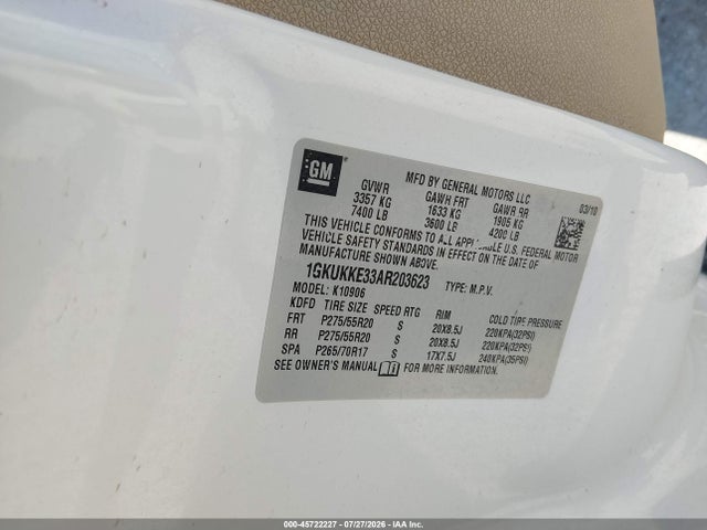 Aukcja sprzedaży 2010 Gmc Yukon Xl 1500 Slt, vin: 1GKUKKE33AR203623, numer aukcji: 45722227