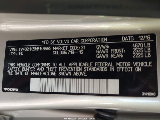 2017 Volvo S60 Inscription T5 მანქანა იყიდება აუქციონზე, vin: LYV402HK5HB146685, აუქციონის ნომერი: 45722228
