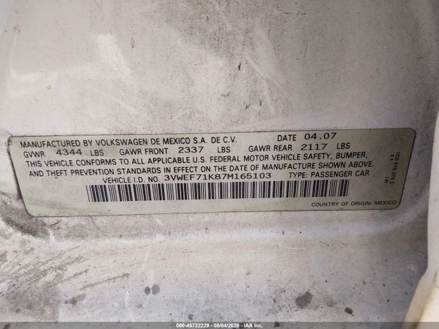 45722229 :رقم المزاد ، 3VWEF71K87M165103 vin ، 2007 Volkswagen Jetta Wolfsburg Edition مزاد بيع