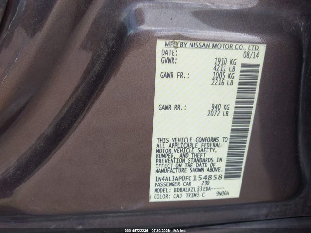 Aukcja sprzedaży 2015 Nissan Altima 2.5 Sv, vin: 1N4AL3AP0FC154858, numer aukcji: 45722236
