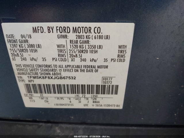 Aukcja sprzedaży 2018 Ford Explorer Limited, vin: 1FM5K8F8XJGB67532, numer aukcji: 45722238