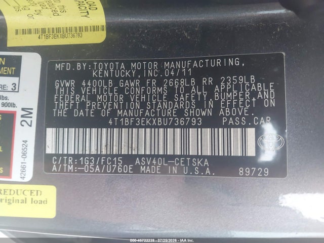 Auction sale of the 2011 Toyota Camry Se, vin: 4T1BF3EKXBU736793, lot number: 45722239