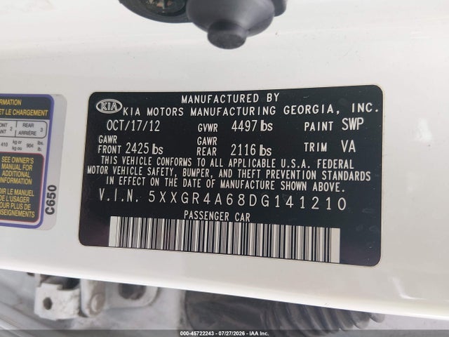 45722243 :رقم المزاد ، 5XXGR4A68DG141210 vin ، 2013 Kia Optima Sx مزاد بيع