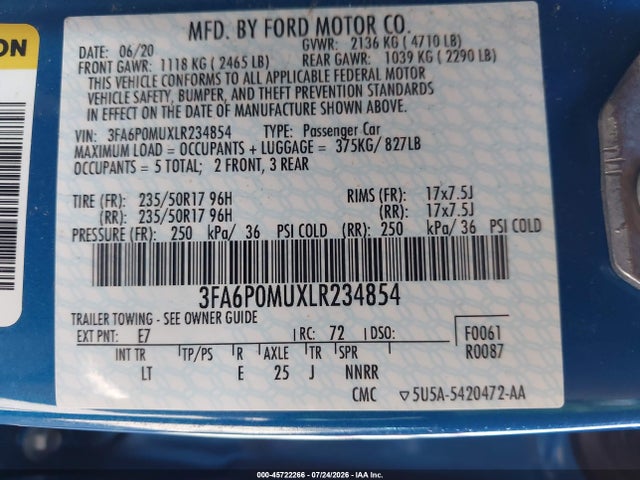 3FA6P0MUXLR234854 Ford Fusion Hybrid Sel