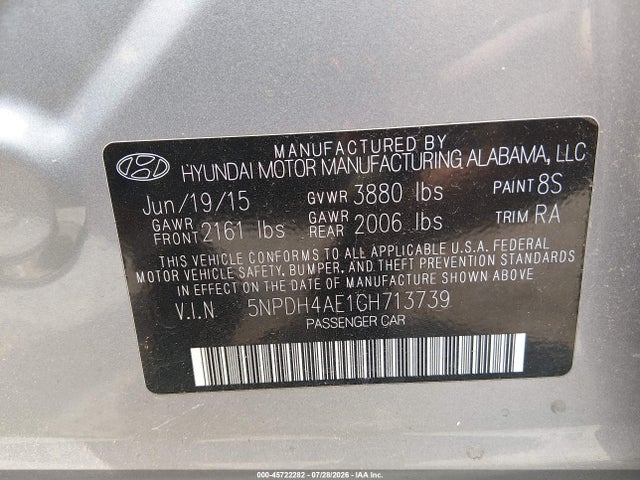 2016 Hyundai Elantra Se მანქანა იყიდება აუქციონზე, vin: 5NPDH4AE1GH713739, აუქციონის ნომერი: 45722282