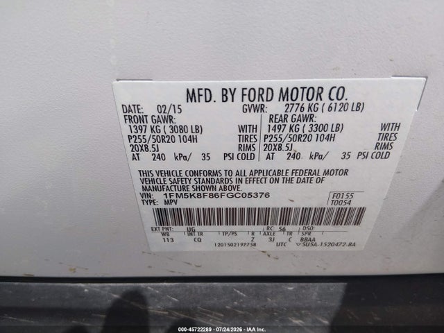 Aukcja sprzedaży 2015 Ford Explorer Limited, vin: 1FM5K8F86FGC05376, numer aukcji: 45722289
