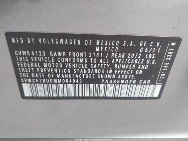 45722298 :رقم المزاد ، 3VWC57BU0MM064949 vin ، 2021 Volkswagen Jetta 1.4t R-line/1.4t Se/s مزاد بيع