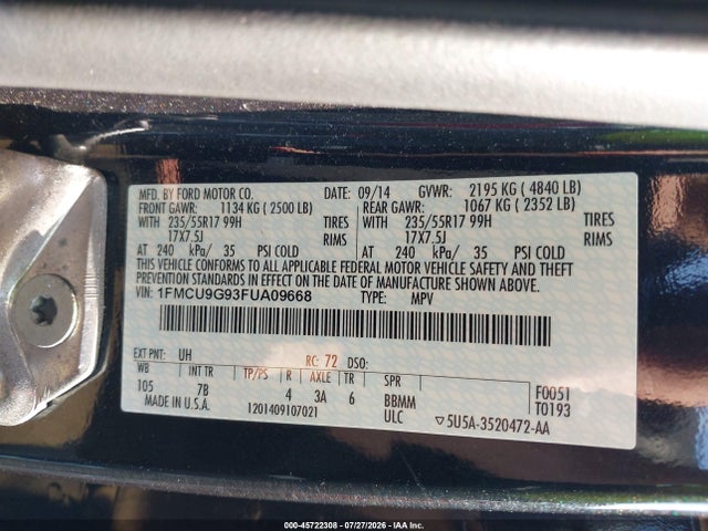 Ford ESCAPE SE 2015 1FMCU9G93FUA09668 Image 9