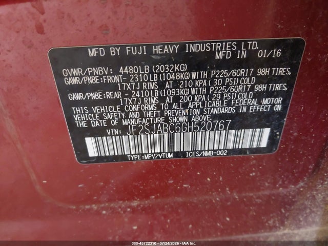 Aukcja sprzedaży 2016 Subaru Forester 2.5i, vin: JF2SJABC6GH520767, numer aukcji: 45722310
