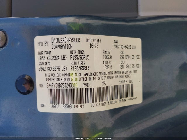 45722311 :رقم المزاد ، 3A4FY58B76T243316 vin ، 2006 Chrysler Pt Cruiser Touring مزاد بيع
