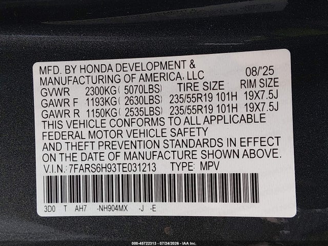 7FARS6H93TE031213 Honda Cr-v Hybrid Awd Sport Touring