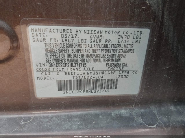 Продажа на аукционе авто 2017 Nissan Versa Note Sv, vin: 3N1CE2CP2HL371715, номер лота: 45722317