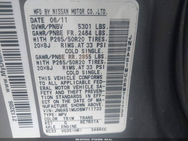Продаж на аукціоні авто 2011 Infiniti Fx35, vin: JN8AS1MU0BM711733, номер лоту: 45722333