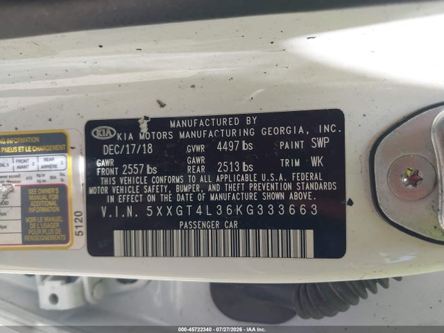 Aukcja sprzedaży 2019 Kia Optima Lx, vin: 5XXGT4L36KG333663, numer aukcji: 45722340