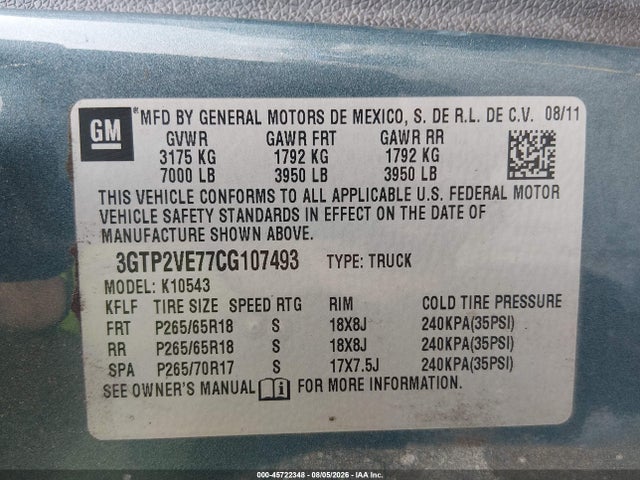 45722348 :رقم المزاد ، 3GTP2VE77CG107493 vin ، 2012 Gmc Sierra 1500 Sle مزاد بيع