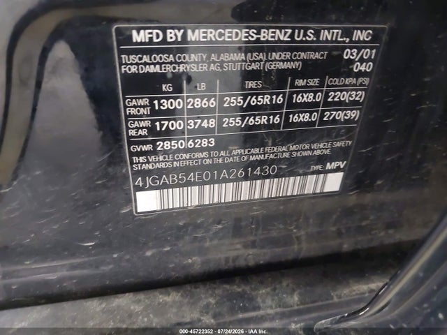 Aukcja sprzedaży 2001 Mercedes-benz Ml 320, vin: 4JGAB54E01A261430, numer aukcji: 45722352