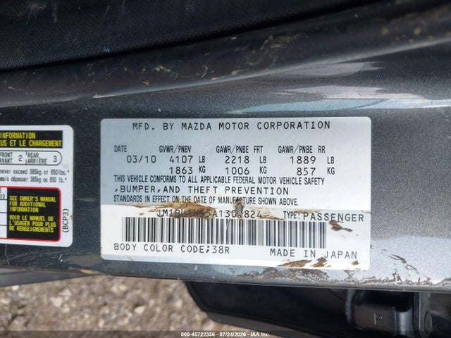 Aukcja sprzedaży 2010 Mazda Mazda3 S Sport, vin: JM1BL1H55A1306824, numer aukcji: 45722356
