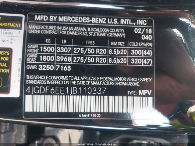 4JGDF6EE1JB110337 Mercedes-Benz Gls 450 4matic