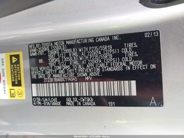 45722361 :رقم المزاد ، 2T2ZK1BA6DC114945 vin ، 2013 Lexus Rx 350 مزاد بيع