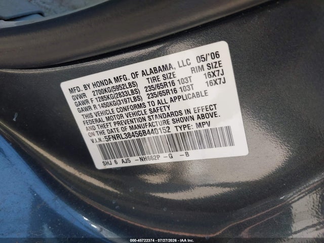 2006 Honda Odyssey Ex მანქანა იყიდება აუქციონზე, vin: 5FNRL38456B440152, აუქციონის ნომერი: 45722374