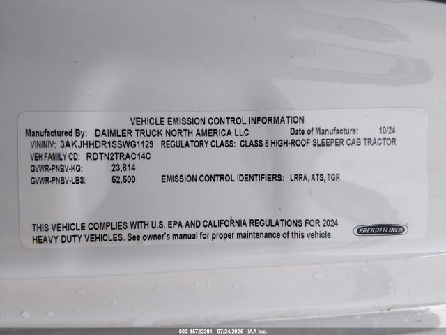 45722391 :رقم المزاد ، 3AKJHHDR1SSWG1129 vin ، 2025 Freightliner New Cascadia 126 مزاد بيع
