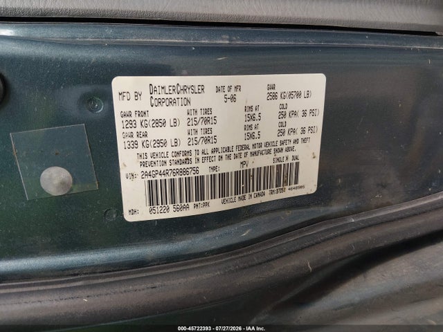 Aukcja sprzedaży 2006 Chrysler Town & Country Lx, vin: 2A4GP44R76R886756, numer aukcji: 45722393