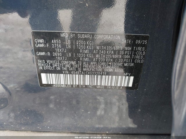 2025 Subaru Outback Onyx Edition მანქანა იყიდება აუქციონზე, vin: 4S4BTALCXS3320418, აუქციონის ნომერი: 45722396