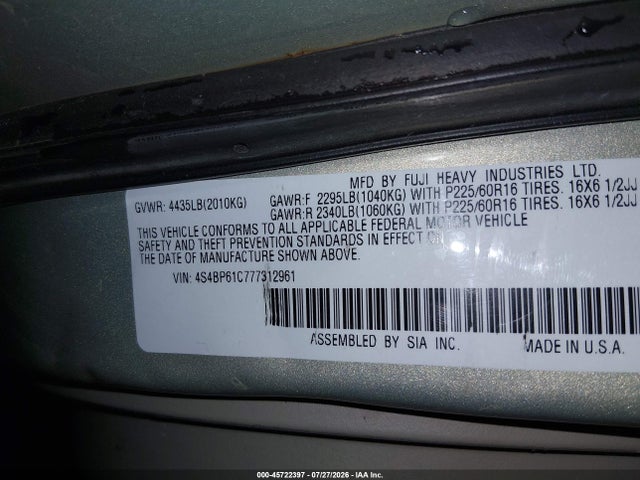 Aukcja sprzedaży 2007 Subaru Outback 2.5i Basic, vin: 4S4BP61C777312961, numer aukcji: 45722397