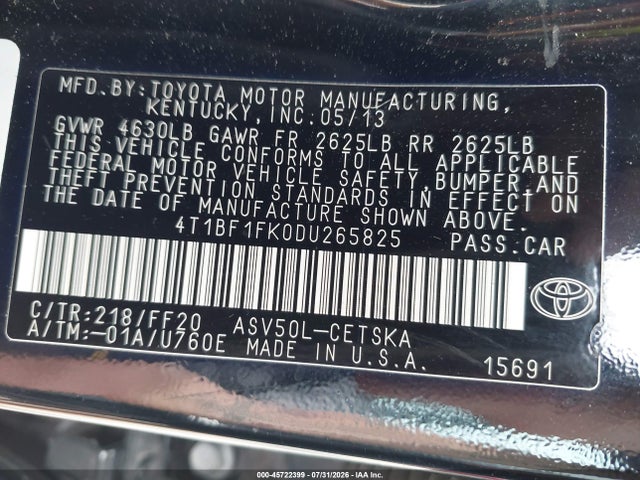 Продажа на аукционе авто 2013 Toyota Camry Se, vin: 4T1BF1FK0DU265825, номер лота: 45722399