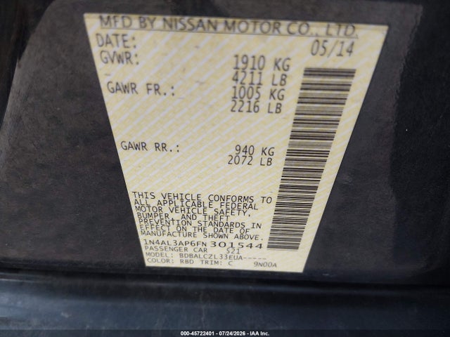 2015 Nissan Altima 2.5/2.5 S/2.5 Sl/2.5 Sv მანქანა იყიდება აუქციონზე, vin: 1N4AL3AP6FN301544, აუქციონის ნომერი: 45722401
