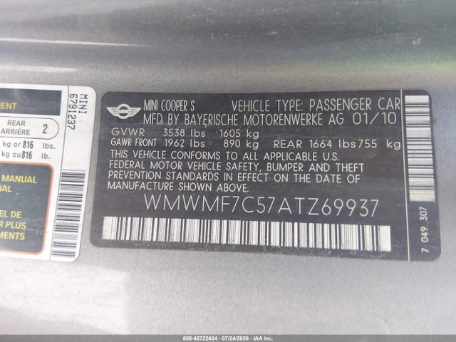 Aukcja sprzedaży 2010 Mini Cooper S, vin: WMWMF7C57ATZ69937, numer aukcji: 45722404