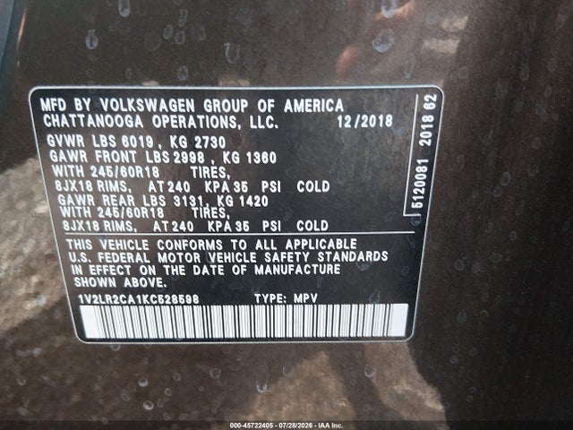 2019 Volkswagen Atlas 3.6l V6 Se მანქანა იყიდება აუქციონზე, vin: 1V2LR2CA1KC528598, აუქციონის ნომერი: 45722405